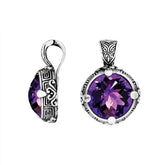 Sterling Silver Balinese Round Shape Amethyst Quartz Pendant With Carved Silver Frame